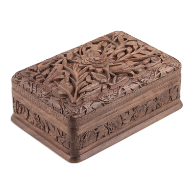 Walnut wood jewelry box, 'Woodpecker Flowers' - Walnut wood jewellery box