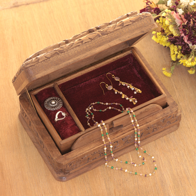 Walnut wood Jewellery box, 'Woodpecker Flowers' - Walnut wood Jewellery box