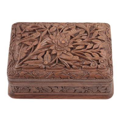 Walnut wood jewelry box, 'Woodpecker Flowers' - Walnut wood jewelry box