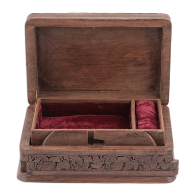 Walnut wood jewelry box, 'Woodpecker Flowers' - Walnut wood jewelry box