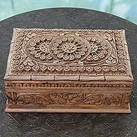 Walnut wood jewelry box, 'Sunflower Ivy' - Handmade Floral Wood Jewelry Box from India