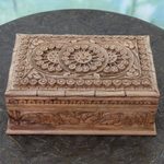Walnut wood jewelry box, 'Sunflower Ivy' - Handmade Floral Wood Jewelry Box from India