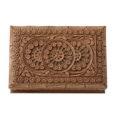 Walnut wood Jewellery box, 'Sunflower Ivy' - Handmade Floral Wood Jewellery Box from India