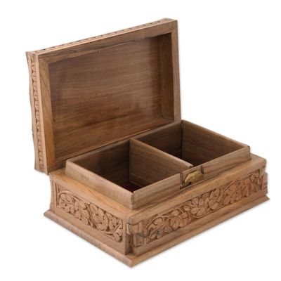 Walnut wood Jewellery box, 'Sunflower Ivy' - Handmade Floral Wood Jewellery Box from India