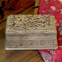 Walnut wood jewelry box, 'Birds in Wonderland' - Hand Carved Walnut Wood Jewelry Box