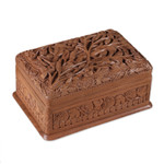 Walnut wood jewelry box, 'Birds in Wonderland' - Hand Carved Walnut Wood Jewelry Box