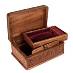 Walnut wood jewelry box, 'Birds in Wonderland' - Hand Carved Walnut Wood Jewelry Box