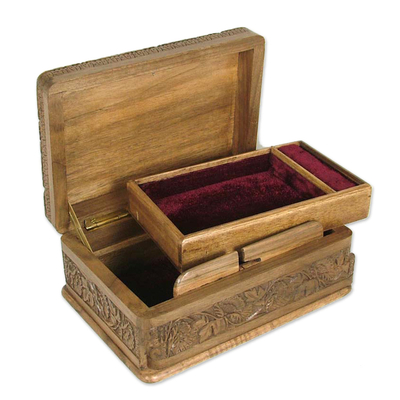 Walnut wood jewelry box, 'Birds in Wonderland' - Hand Carved Walnut Wood Jewelry Box