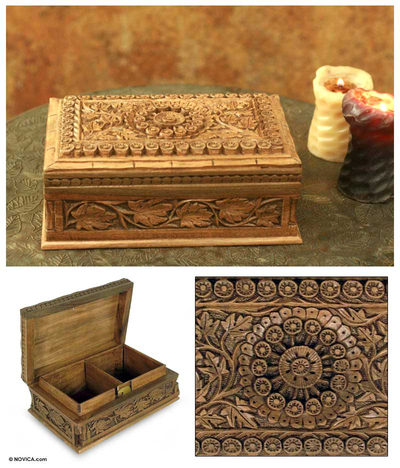 Walnut wood Jewellery box 'Mandala Forest' - Hand Carved Wood Box