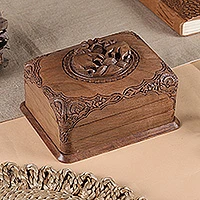 Walnut wood jewellery box, 'Victory Elephants' - Walnut wood jewellery box