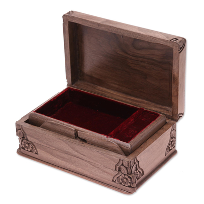 Walnut wood jewelry box, 'Floral Mandalas' - Hand Carved Wood Jewelry Box