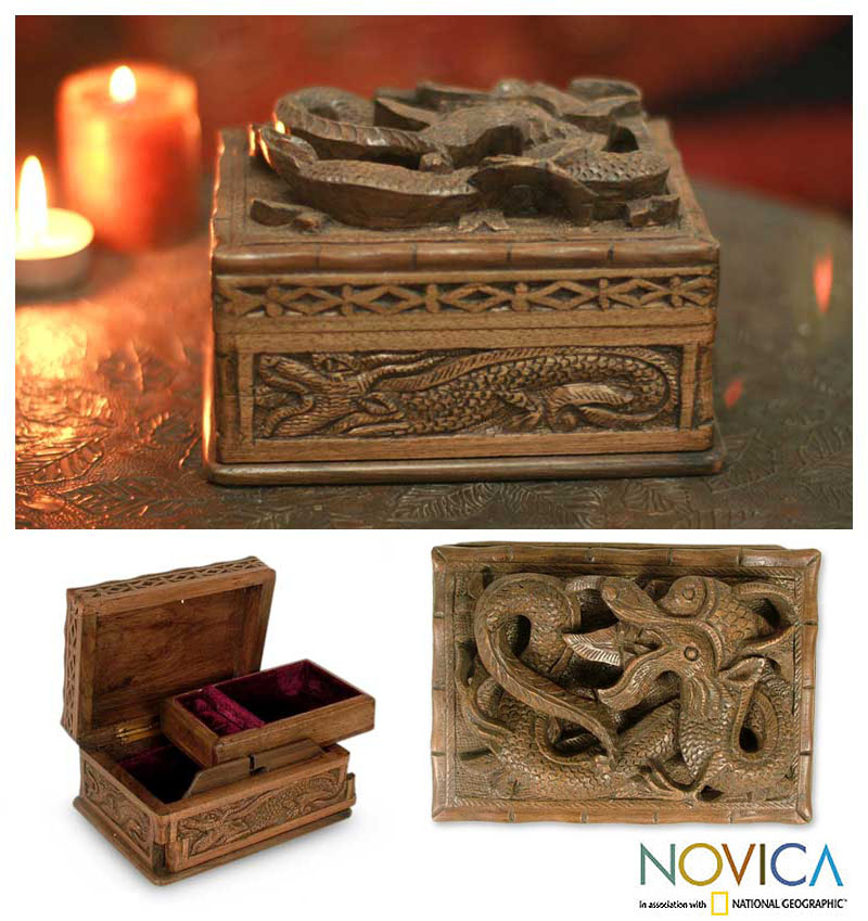 Hand Carved Walnut Wood Jewelry Box, 'Loyal Dragon'