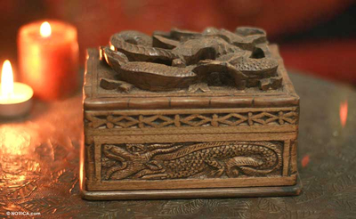 Hand Carved Walnut Wood Jewelry Box, 'Loyal Dragon'