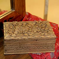Walnut wood jewelry box, 'Vineyard Bird'