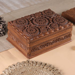 Walnut wood jewelry box, 'Sunflower Mandalas' - Hand Carved Floral Wood Jewelry Box
