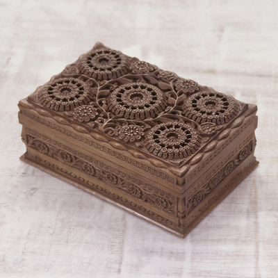 Walnut wood Jewellery box, 'Sunflower Mandalas' - Hand Carved Floral Wood Jewellery Box