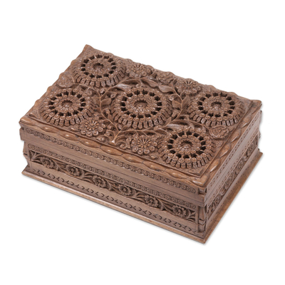 Walnut wood jewelry box, 'Sunflower Mandalas' - Hand Carved Floral Wood jewellery Box