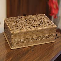 Walnut wood Jewellery box, 'Lavish Garden' - Floral Wood Jewellery Box