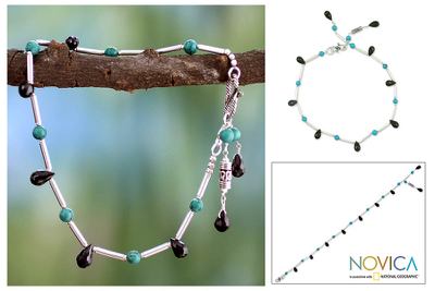 Onyx anklet, 'Musical Muse' - Fair Trade Sterling Silver and Onyx Anklet from India
