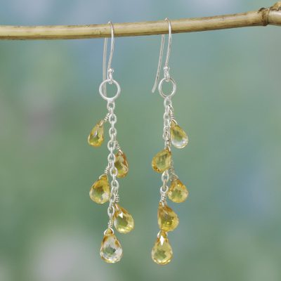Citrine dangle earrings, 'Sunlit Waterfall' - Handcrafted Sterling Silver Citrine Dangle Earrings