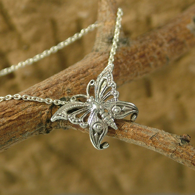 Sterling silver pendant necklace, 'Butterfly' - Handcrafted jewellery Sterling Silver Necklace