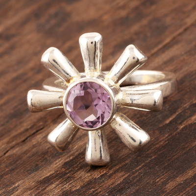 Amethyst flower ring, 'Radiant Spring' - Amethyst and 925 Silver Flower Ring