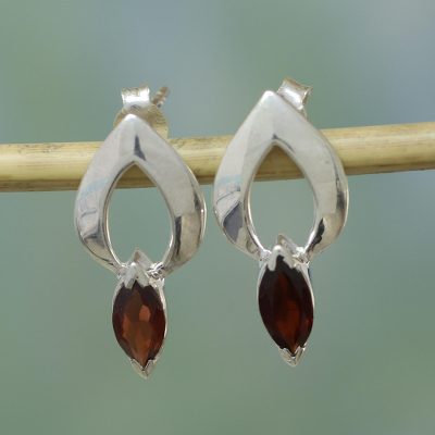 Garnet earrings, 'Anticipation' - Garnet Button Earrings Modern Sterling Silver Jewelry