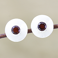 Garnet button earrings, 'Shield' - Handcrafted Modern Silver and Garnet Button Earrings