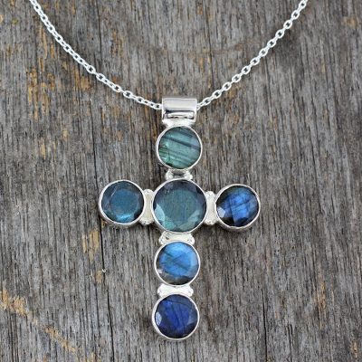 Labradorite cross necklace, 'Peace' - Labradorite Cross Sterling Silver Necklace