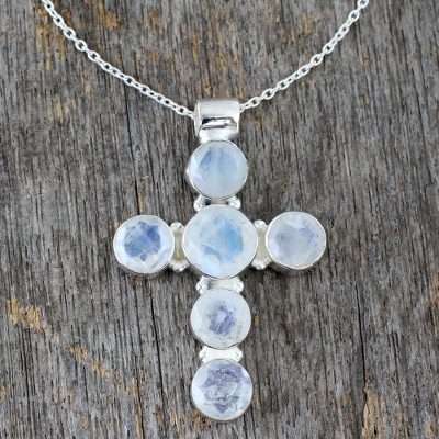 Rainbow moonstone cross necklace, 'Cross of Peace' - Rainbow Moonstone Necklace in Sterling Silver Cross Jewelry