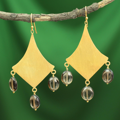 Gold vermeil smoky quartz dangle earrings, 'Seduction' - Gold vermeil smoky quartz dangle earrings