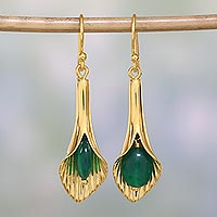 Gold vermeil flower earrings, 'Secret Lilies' - Gold Vermeil and Onyx Dangle Earrings