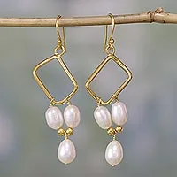 Gold vermeil pearl dangle earrings, 'Mystic Quadrants' - Indian Bridal Jewellery Vermeil and Pearl Earrings