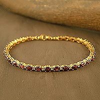 Gold vermeil garnet tennis bracelet, 'Golden Twilight' - Gold Plated with Garnet Bracelet from India