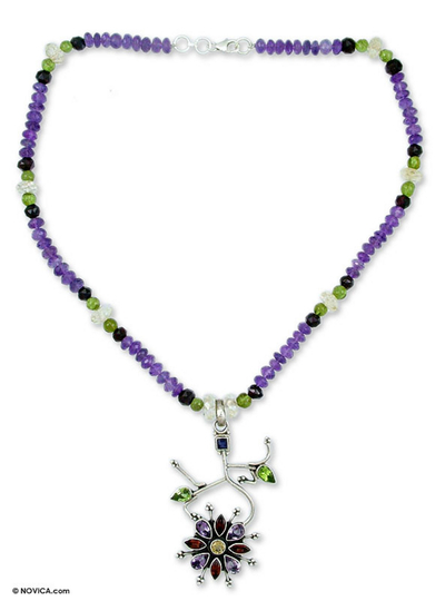 Amethyst and garnet pendant necklace, 'Festival' - Amethyst and garnet pendant necklace