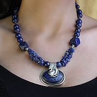 Lapis lazuli pendant necklace, 'Proud Peacock' - Lapis Lazuli Pendant Necklace