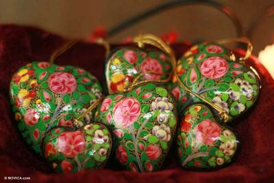 Ornaments, 'Blossoming Hearts' (set of 6) - Ornaments (Set of 6)