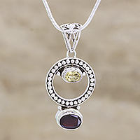 Garnet and citrine choker, 'Circle of Joy' - Unique Sterling Silver Gemstone Pendant from India