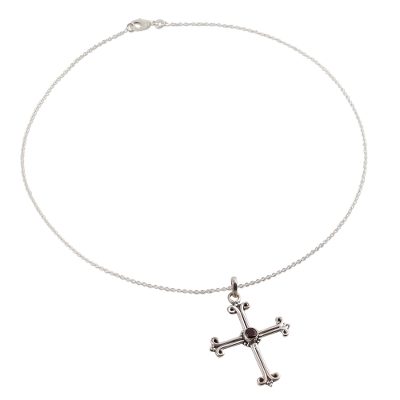 Garnet cross necklace, 'Scarlet Promise' - Garnet cross necklace