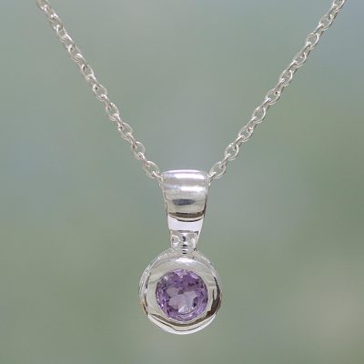 Amethyst pendant necklace, 'Solitaire' - Sterling Silver and Amethyst Necklace