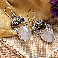 Rainbow moonstone and amethyst dangle earrings, Aura