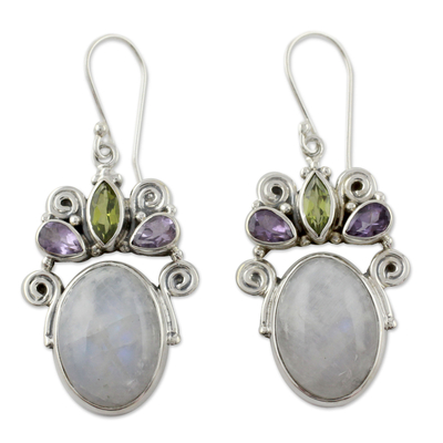 Rainbow moonstone and amethyst dangle earrings, 'Aura' - Sterling Silver Multigem Rainbow Moonstone Earrings