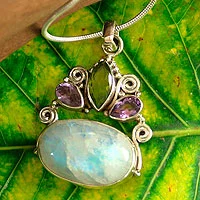 Rainbow moonstone and amethyst pendant necklace, Aura