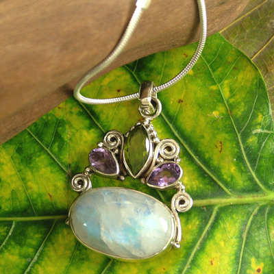 Rainbow moonstone and amethyst pendant necklace, 'Aura' - Rainbow Moonstone Necklace in Sterling Silver from India