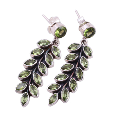 Peridot dangle earrings, 'Summer Fern' - Artisan Crafted Sterling Silver and Peridot Earrings