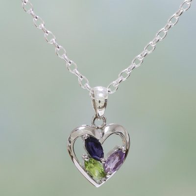 Amethyst and peridot heart necklace, 'All of Us' - Amethyst Peridot and Iolite Necklace Heart Jewelry