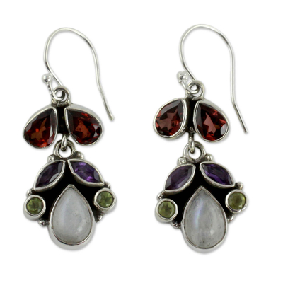 Amethyst and rainbow moonstone chandelier earrings, 'Rainbow' - Sterling Silver and Multigem Earrings from India