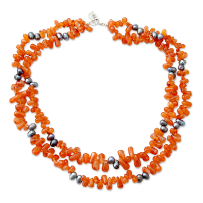 Pearl and carnelian strand necklace, 'Opulent Ginger' - Pearl and carnelian strand necklace