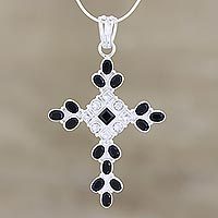 Onyx and quartz cross necklace, 'Honesty' - Sterling Silver Onyx and Quartz Necklace Cross Jewelry