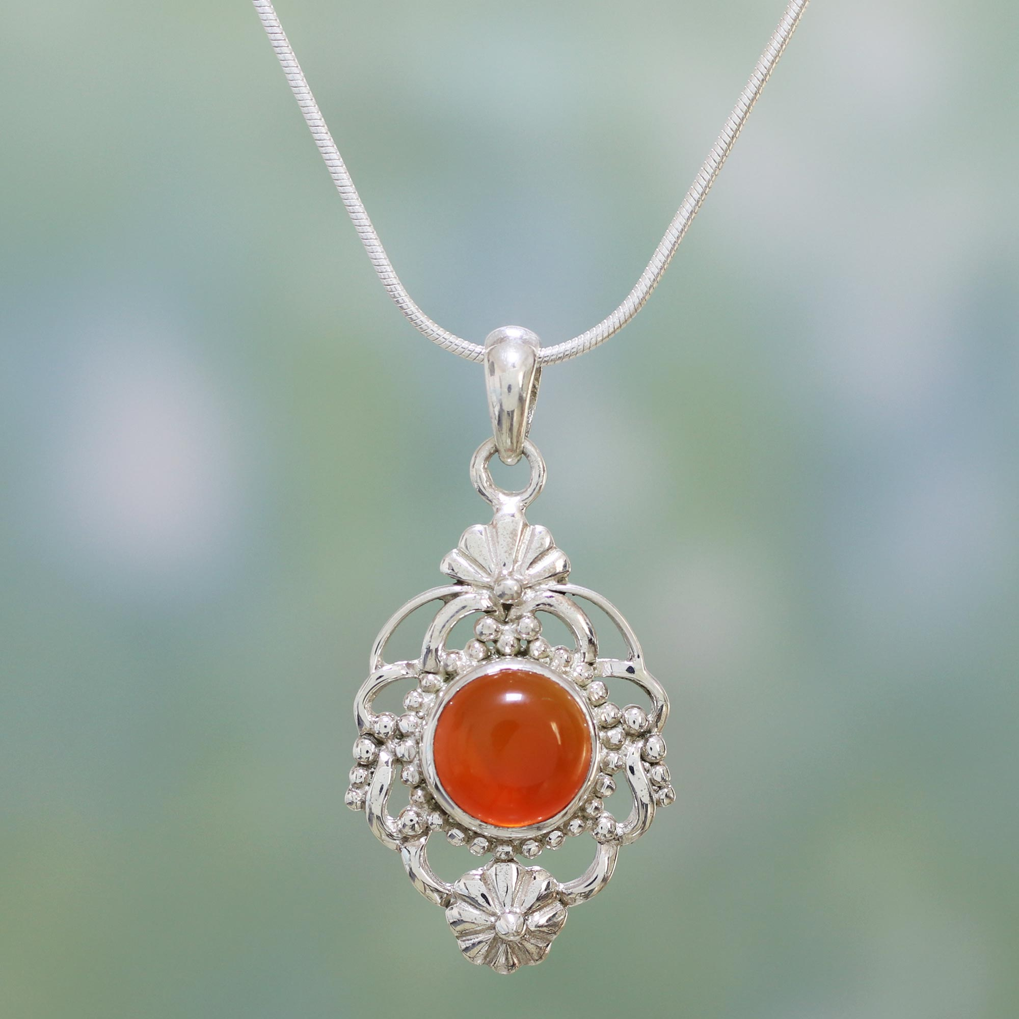 Carnelian and Sterling Silver Pendant Necklace - Bouquet | NOVICA